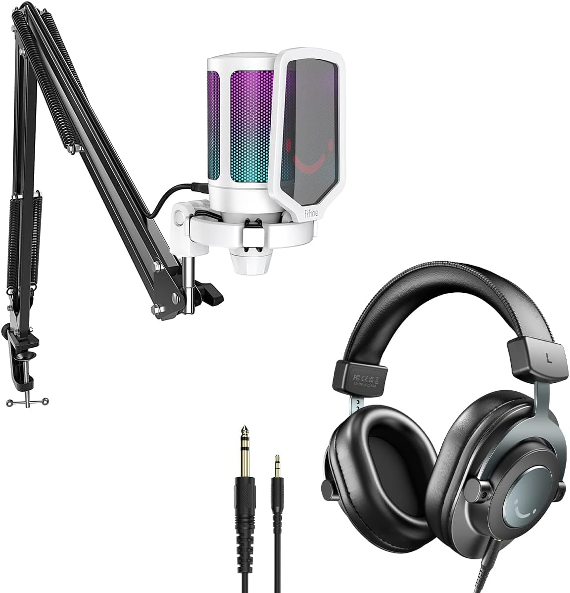 FIFINE PC RGB Microphone Kit, 3.5mm/6.35mm Over-Ear Headphones, Computer Microphone Bundle with Pop Filter, Shock Mount, Studio Monitor Wired Comfortable Equipment with Detachable Cables (A6TW+H8)