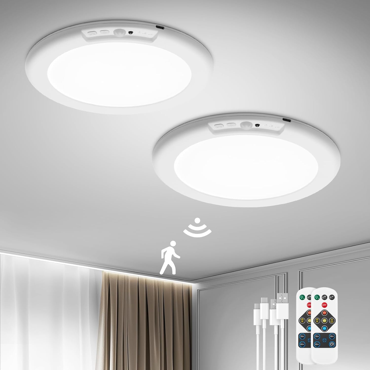 Bojim 2 Pack Rechargeable Wireless Shower Light, Battery Operated Ceiling Light with Remote, Wireless Closet Lamp Motion Sensor, Bedroom Garage Bathroom Pantry Hallway, No Electricity Needed