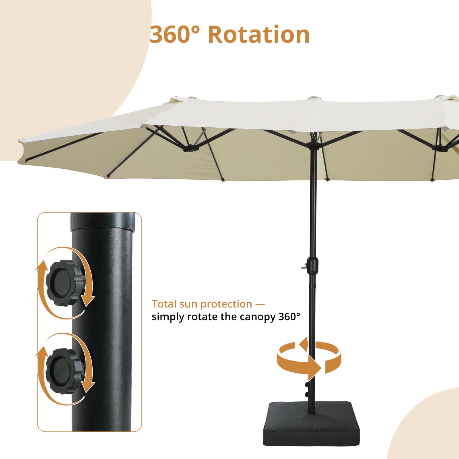 VOWNER Sonnenschirm Doppelseitiger, 4,4mx2,6m, Rechteckig Sonnenschirm mit Kurbel, Sommer Schirm Rechteckig Gartenschirm UV-Schutz, für Terrasse, Garten, Pool, Beige, mit Sonnenschirmhalter + Base