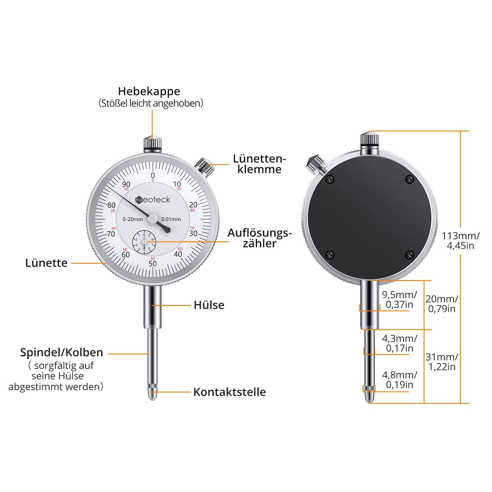 Neoteck Messuhr und Magnetstativ, Messtaster 0-20mm, Zentralklemmung Messuhrhalte 60 kg max. Zugkraft Basis Ständer für Messuhr
