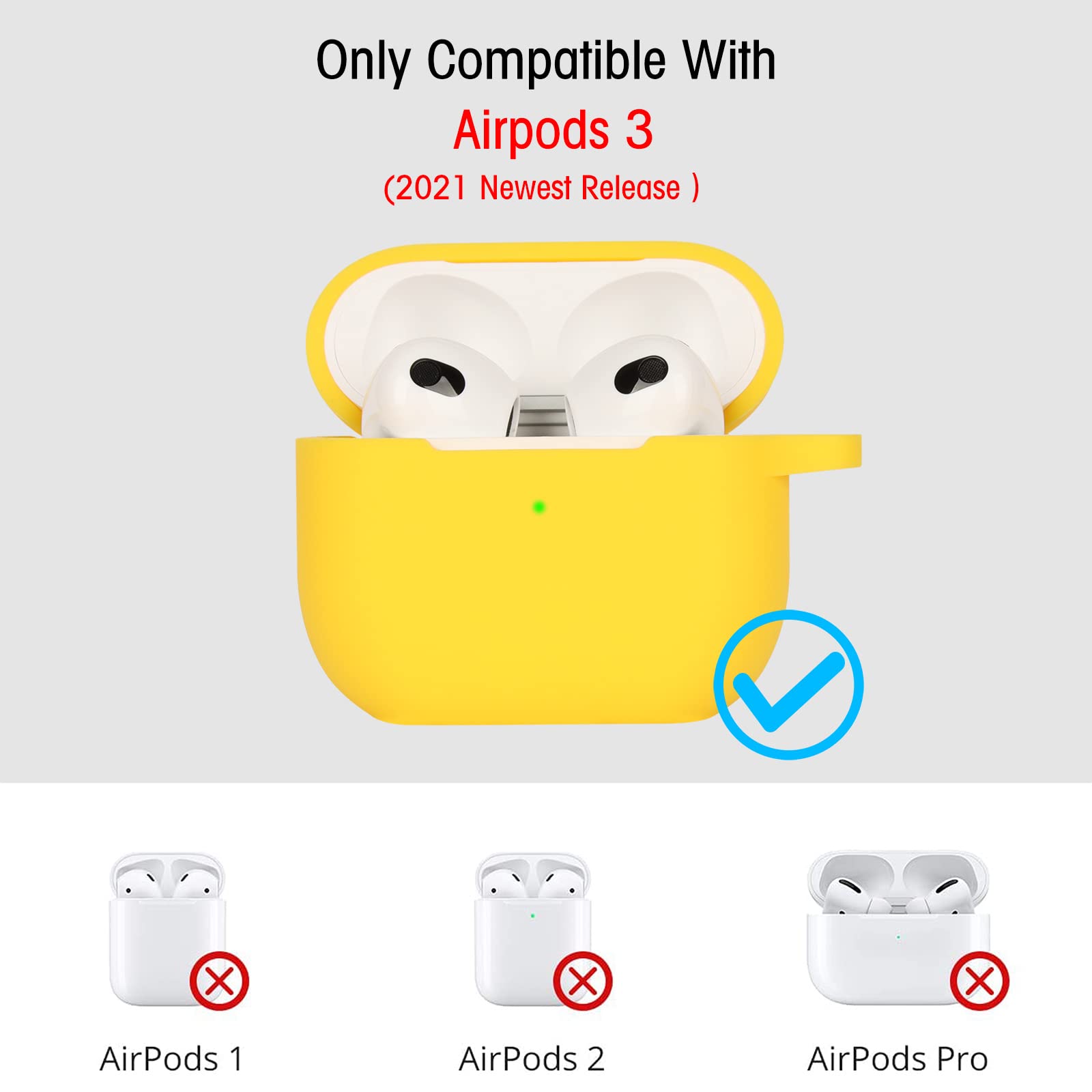 Custodia in Silicone Compatibile con AirPods 3, Case Cover Protettiva in Premium Silicone per Airpods 3rd Generation(2021) con Moschettone, LED Frontale Visibile, Giallo - 3