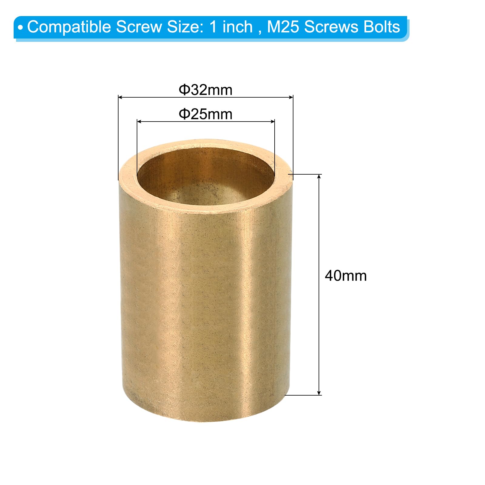 PATIKIL M25 Brass Spacers, 1 Pcs Metal Spacer Brass 25mm ID x 32mm OD x 40mm L Brass Spacers Screw Standoff for 1 Inch or M25 Screw - Image 2