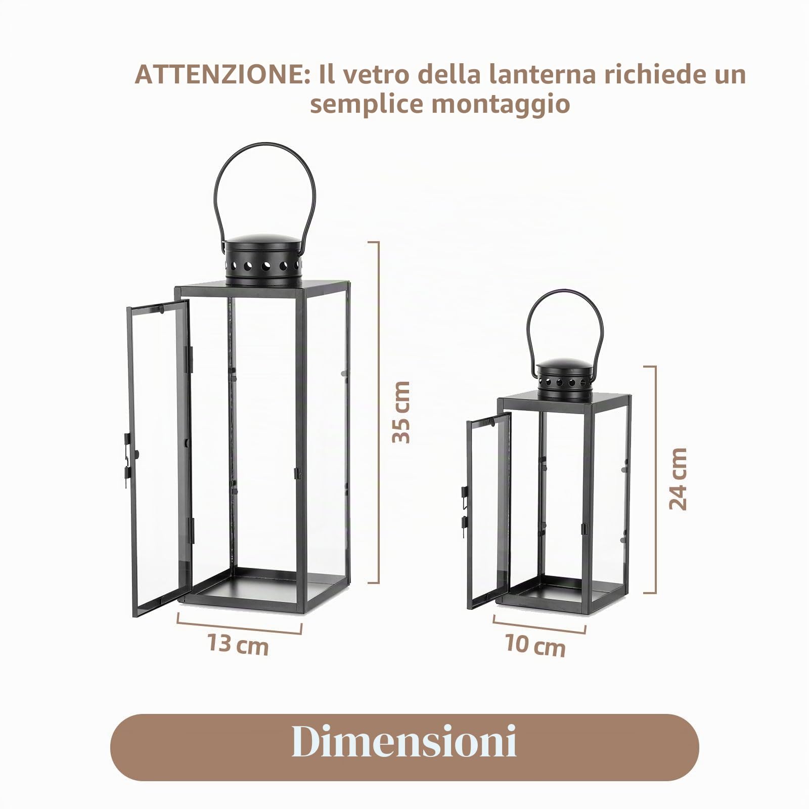 Lanterne per esterni, resistenti alle intemperie, in metallo | Set di 2 lanterne da 24/35 cm, per esterni, cimitero, balcone, giardino, decorazione moderna per soggiorno