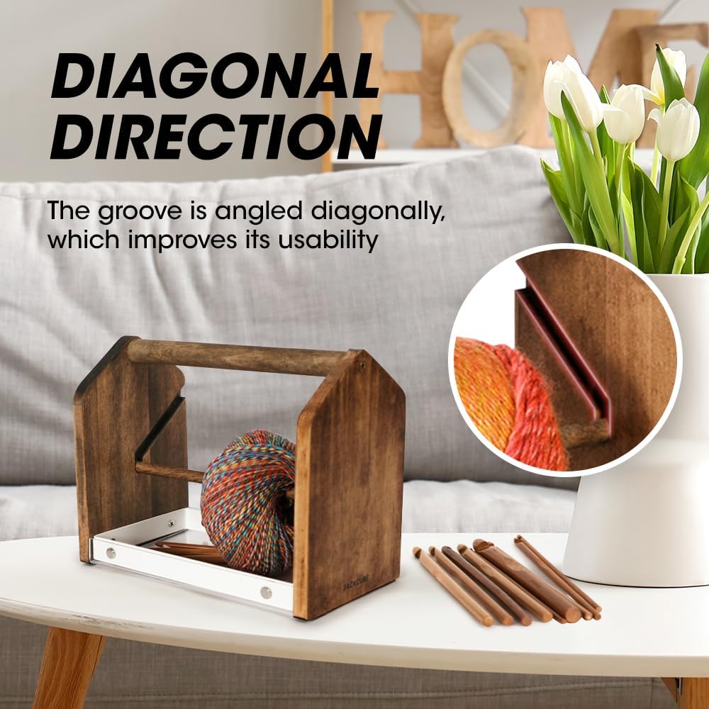 J JACKCUBE DESIGN Wooden Yarn Holder with Storage Tray and 12 Crochet Hooks, Anti-Slip Yarn Dispenser for Knitting & Crochet, Portable Organizer for Craft Supplies(White) - MK1310B