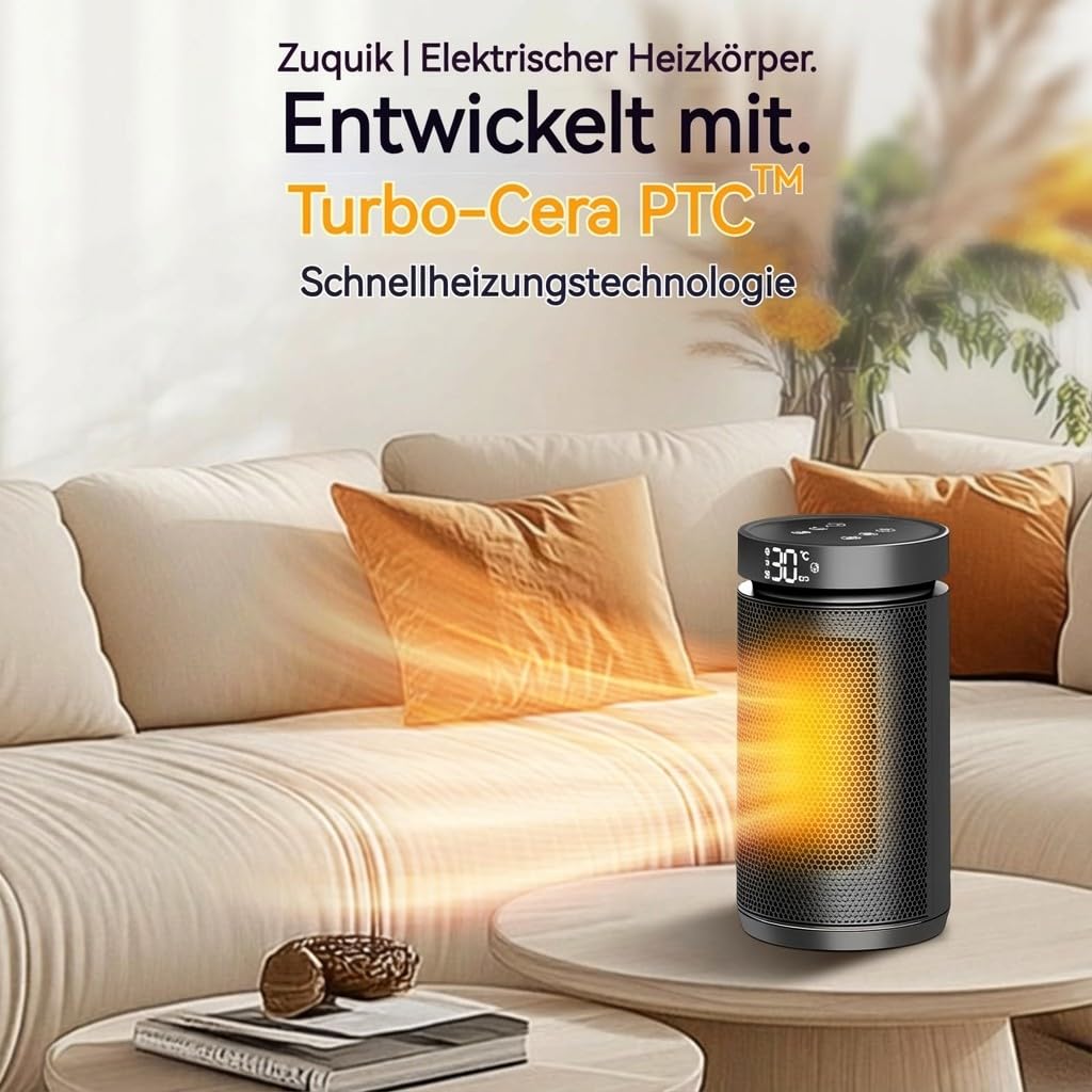 Heizlüfter 1500W, energieeffiziente Elektroheizung für zu Hause, kleiner tragbarer Elektroheizkörper mit Thermostat 12-Stunden-Timer, Kipp- und Überhitzungsschutz für Schlafzimmer, Büro und Innenräume