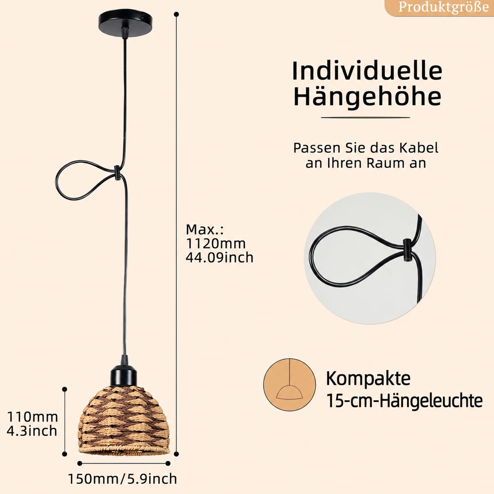 FRIXCHUR Lampa wisząca Boho E27 z plecionej liny, naturalna lampa wisząca z kablem 1,3 m, do kuchni, stołu jadalnego i korytarza, bez źródła światła