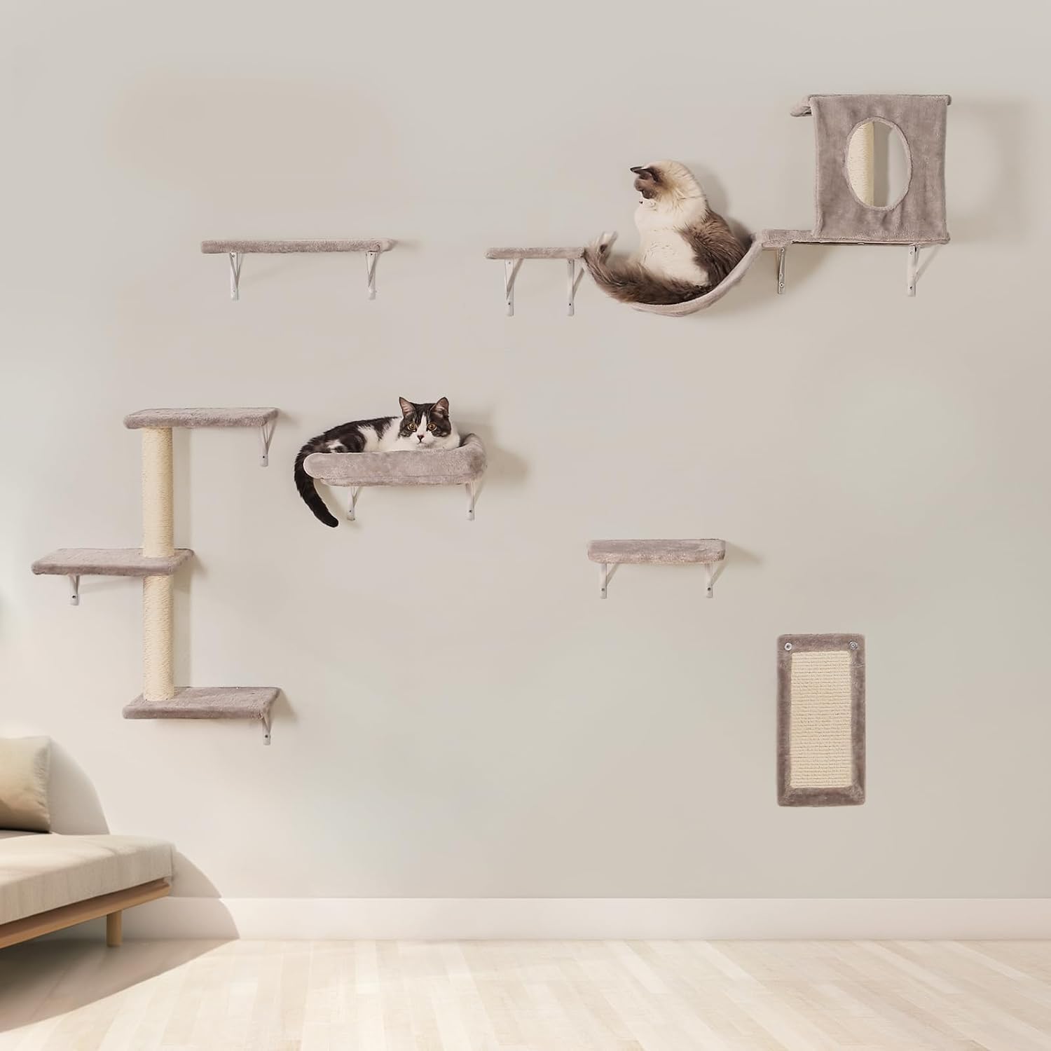 Modern WallMounted Cat Furniture Set 6Piece Wood Cat Climber, Cat