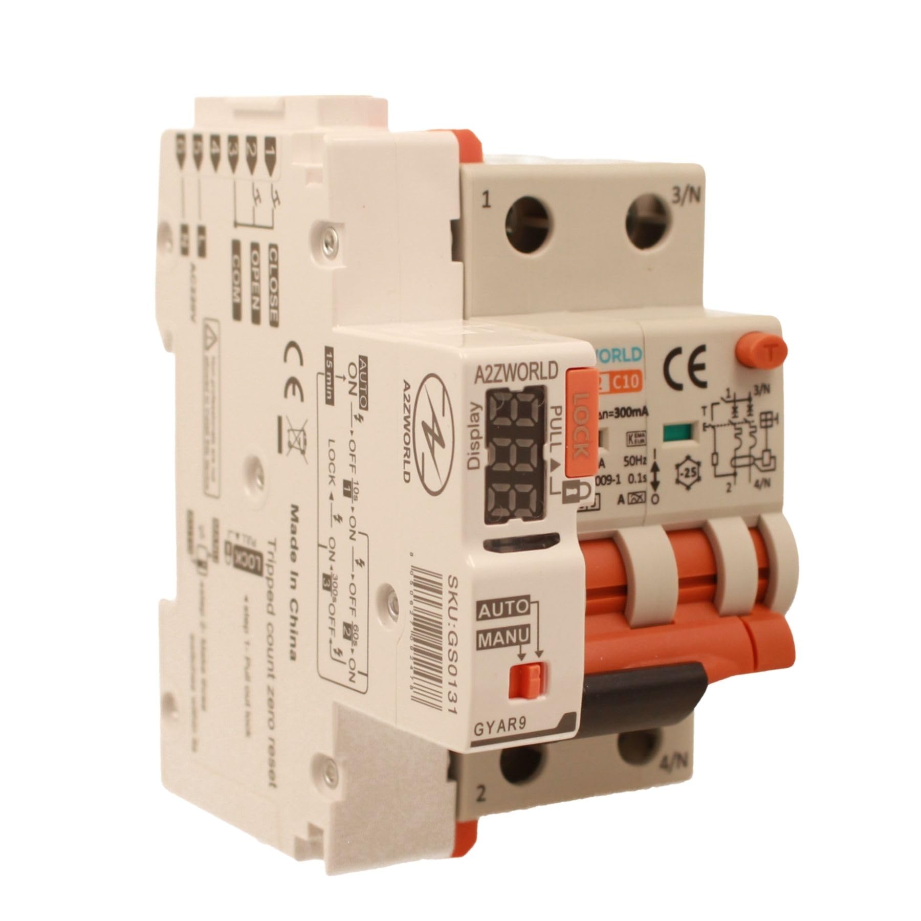 Interruttore Magnetotermico Differenziale Con Riarmo Automatico, RCBO Tipo A Curva C, Idn 300mA / 0.3A, In 20A, 2P Veri 6kA, 3 Moduli, con 3 Tentativi di Riarmo (10s/60s/300s)