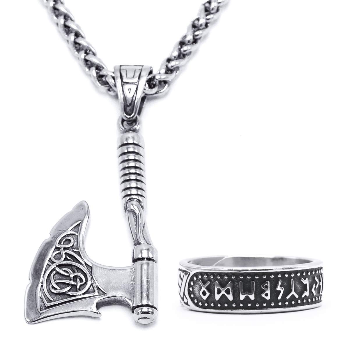 BaviPower Nordic Axe Necklace For Men Nordic Single Sided Double Sided Battle Axe Pendant Stainless Steel Keel Chain Protection