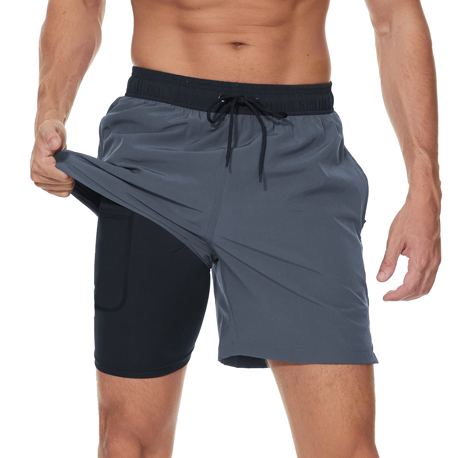 Arcweg Badehose für Herren mit Kompression Liner 2 in 1 Atmungsaktiv Badeshorts Männer Elastisch Trainingsshorts Verstellbar Tunnelzug mit Reißverschlusstaschen