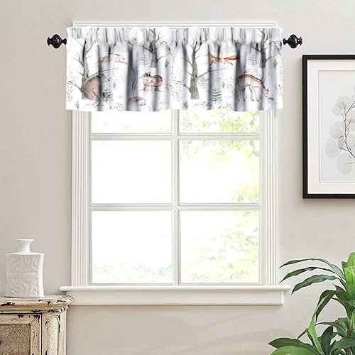 Miniatura 4 de Cortina rústica con cenefa de bosque, acuarela, animales del bosque, búho, erizo, zorro, mariposa, ardilla, oso, cenefa de cortina para cocina,