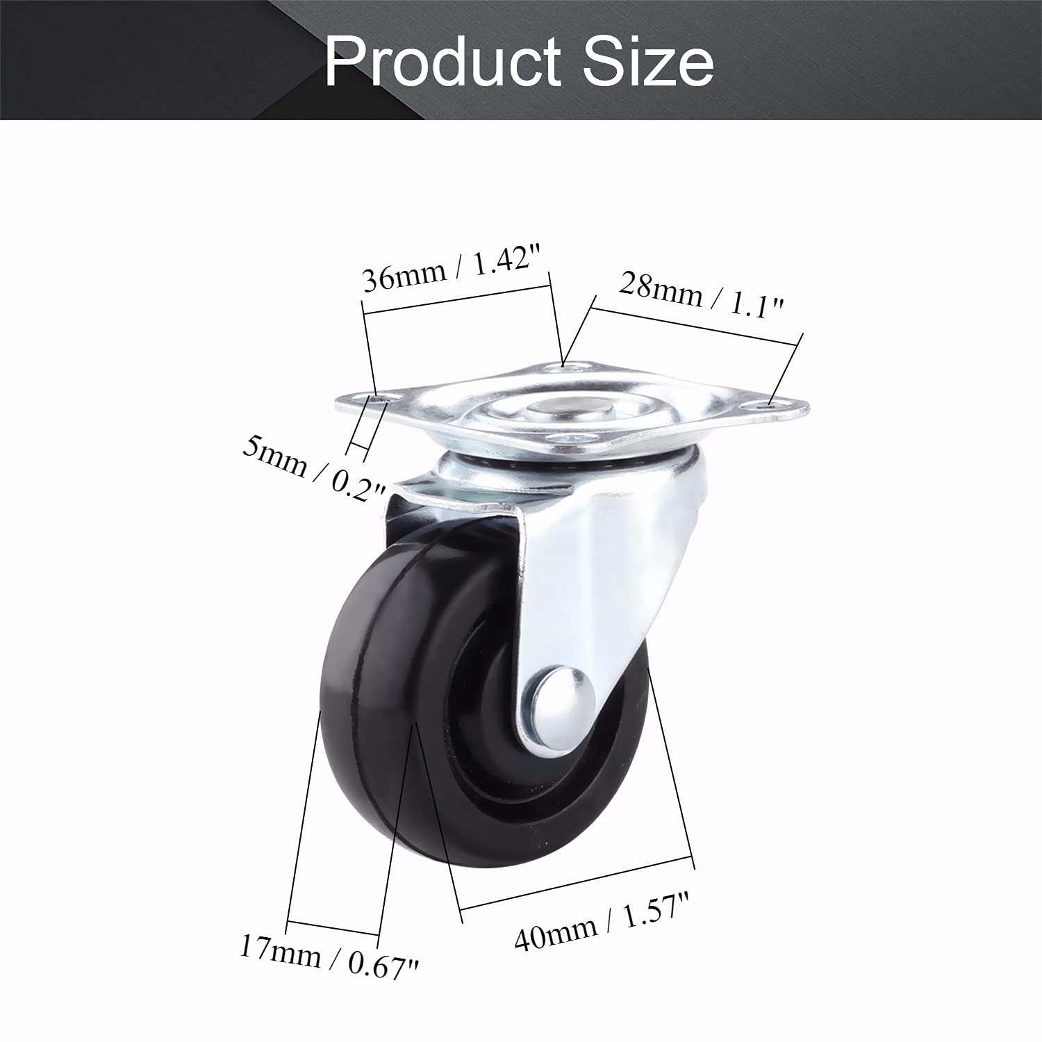 MroMax 1.57 Inch Casters Wheels Rubber Top Plate Mounted Swivel Caster Wheel, 44lb Capacity Each Wheel, 4 Pcs 2 Pcs with Brake, 2 Pcs No Brake