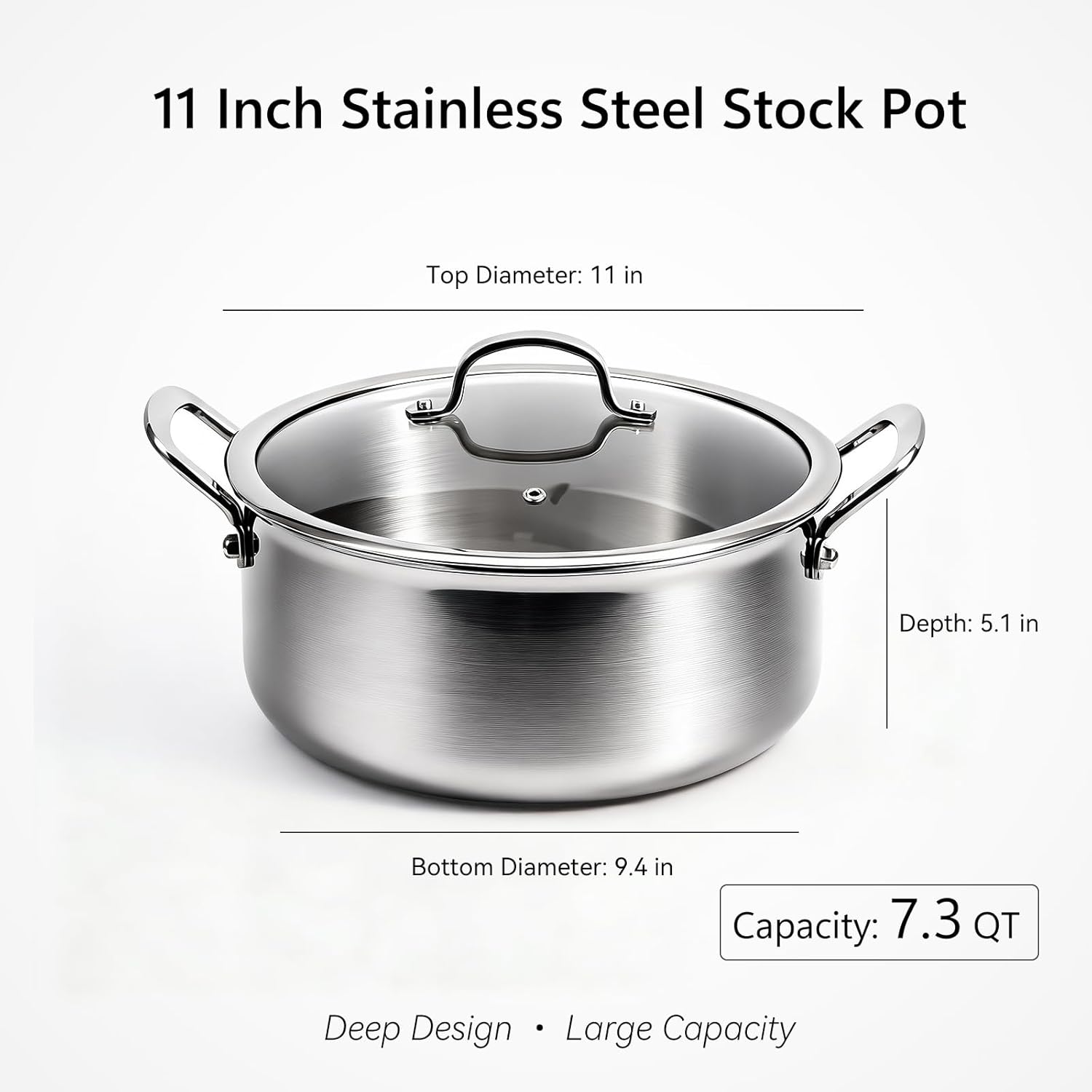 WANGYUANJI 11" Stainless Steel Stock Pot with Lid for 5-8 Servings, 7.3 QT Tri-Ply Soup Pot for Stews & Boiling, 18/10 (304) Induction Cookware, Oven Safe