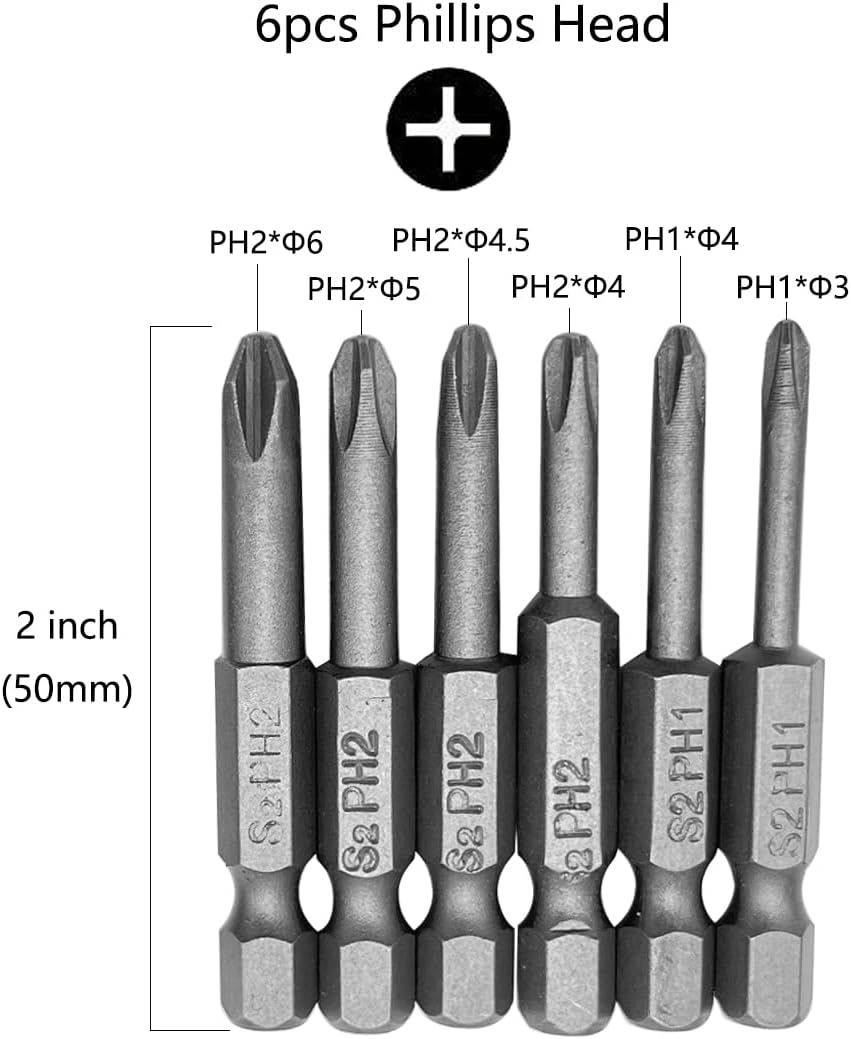 10Pcs Magnetic Slotted Phillips Screwdriver Bit Set with 1/4 Inch Hex Shank, Flat Slotted + Cross Head Drive Bits S2 Steel for Power Screwdriver Drill Impact Driver (2-inch/50mm Length)
