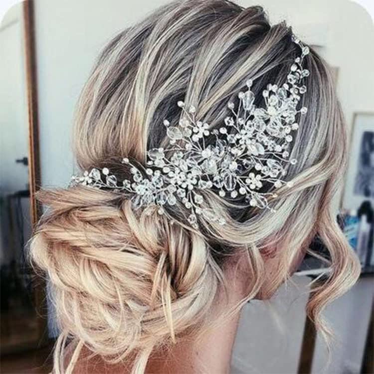 Bride Wedding Hair Comb Floral Vine Silver Rhinestone Headpiece for Women