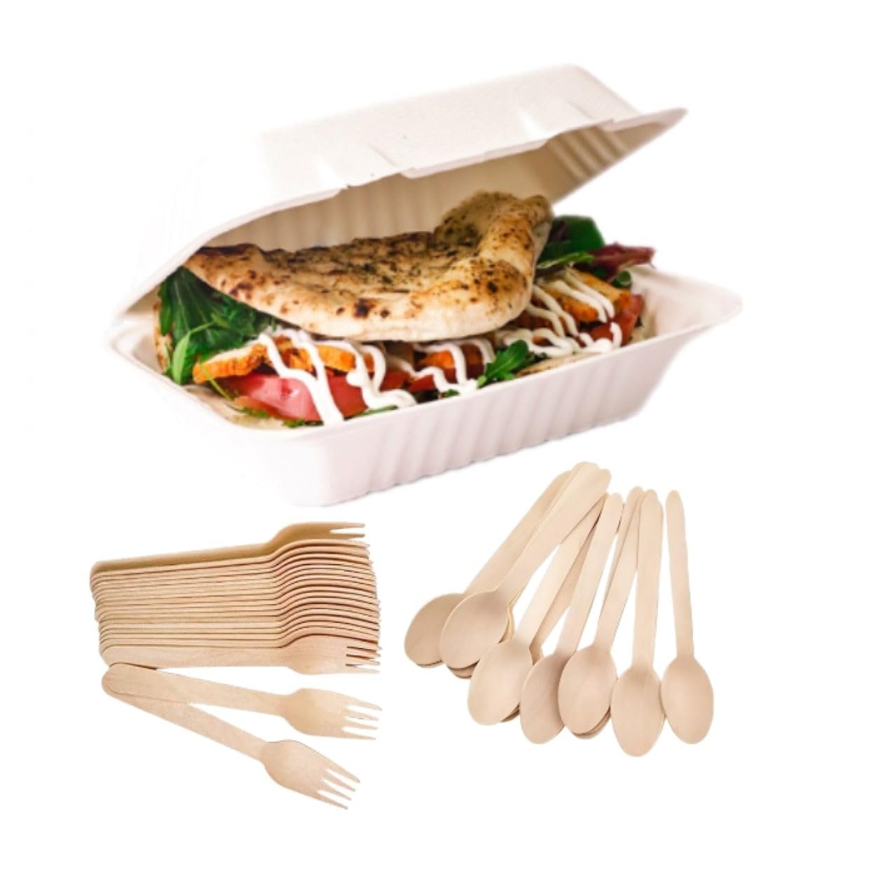 Hot Bargains White 100 X Bagasse Lunch Boxes 9"X 6" + 100 X Forks + 100 X Spoons Wooden Takeaway Eco Friendly