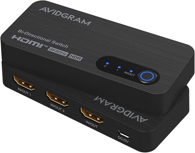 HDMI 2.1 Switch 8K, AVIDGRAM Bi-Directional HDMI Switcher 2 in 1 Out/1 in 2 Out Selector Hub Support 8K@60Hz 4K@120hz 48Gbps for PS5 XSX UHD TV Monitor Projector (1 Display at a time)