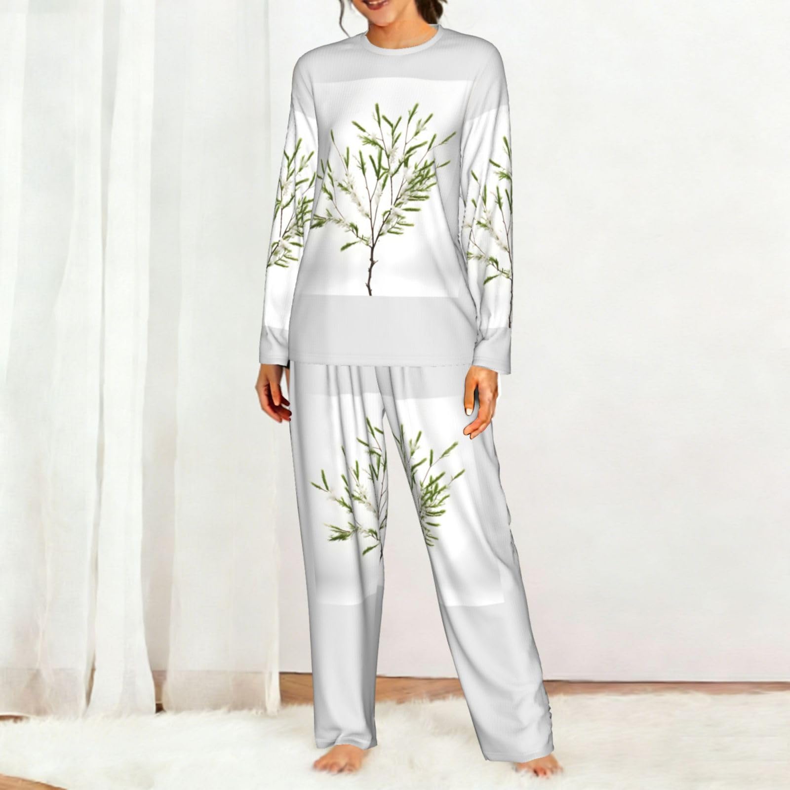 Bianco Pianta Naturale Verde Ramoscello (1) Stampa Donne Manica Lunga Pigiama Corrispondente Morbido Spiaggia Vacanze Nightwear Regalo Casual