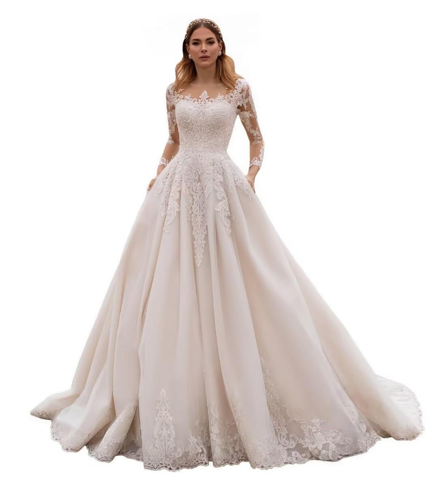 HUINI Hochzeitskleider für die Braut mit Schleppe Spitzen Langarm Tüll A-Linien Falten Brautkleider mit Taschen