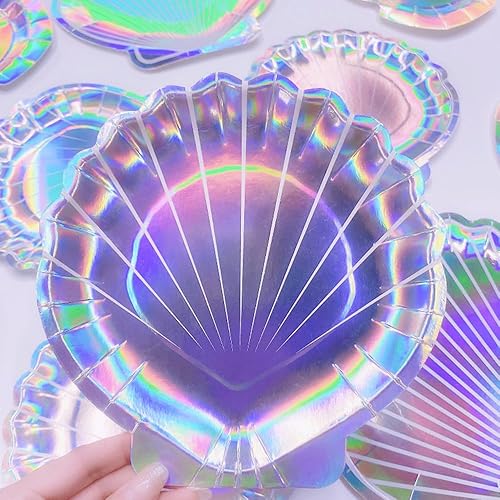Miniatura 4 de Vasos de papel de conchas marinas, suministros de fiesta de sirena, vajilla desechable con purpurina iridiscente del mundo oceánico para bodas,