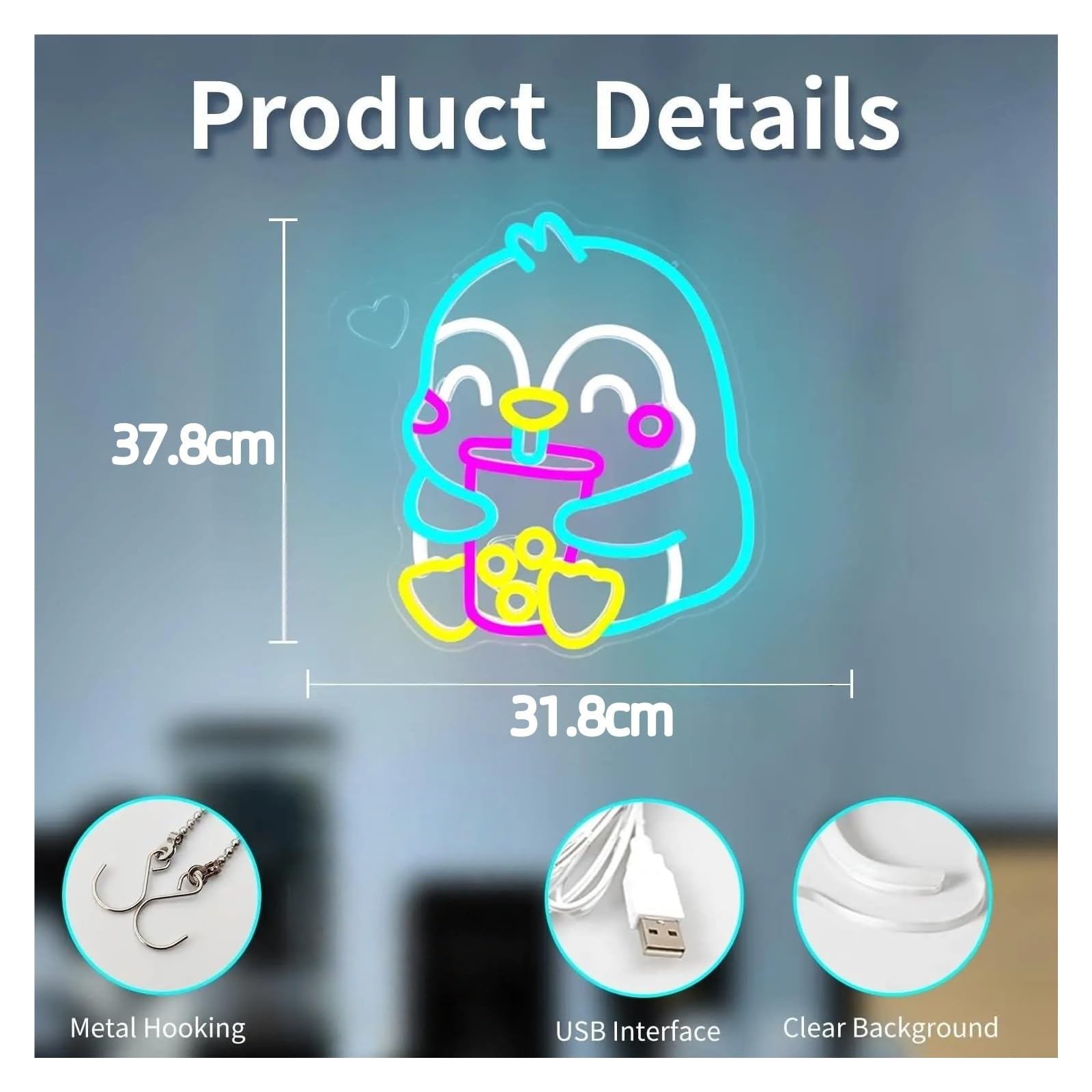néon signe Enseigne Lumineuse Pingouin Bubble Tea Intensité Variable Alimentée Par USB Pour Salon De Thé Au Lait, Salle De Jeux Décoration Murale 31.8cmx37.8cm