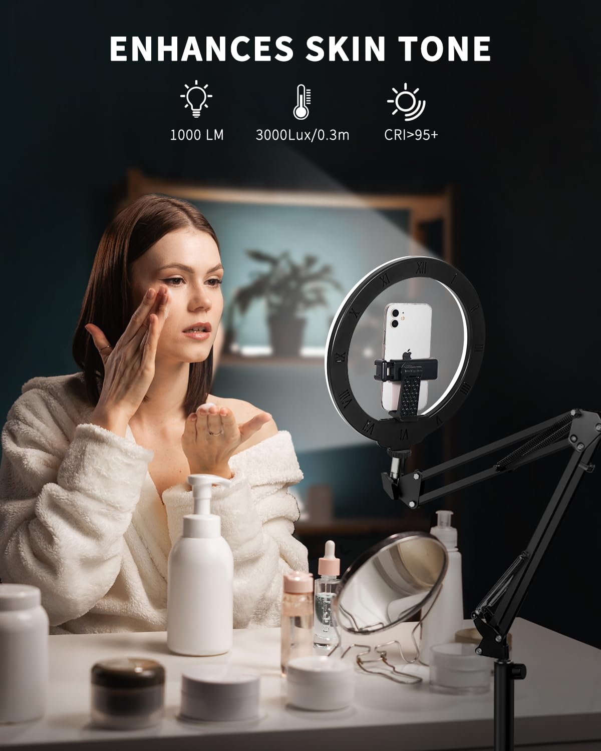 12" Overhead Phone Mount with Ring Light, 360° Circle Light - CRI >95 & Adjustable 72" Height, Phone Ring Light for Photography,Live Streaming, Cooking and Content Creation: 10 inches