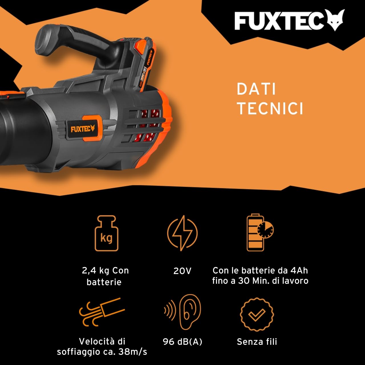 Soffiatore a batteria 20V FUXTEC FX-E1LB20, SET con Batteria 4 Ah e caricatore 2,4 A, velocita’ aria 38m/s, leggero e silenzioso- soffiafoglie per la cura del vostro giardino