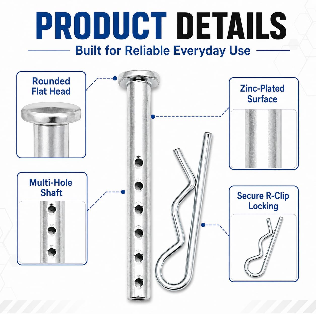 6-Pack Clevis Pin and R-Clip Set (1/4" x 2-1/2") Zinc-Plated Steel, Replacement for 472795, 014973472795, for Farm, Trailer, Lawn Mower & Automotive