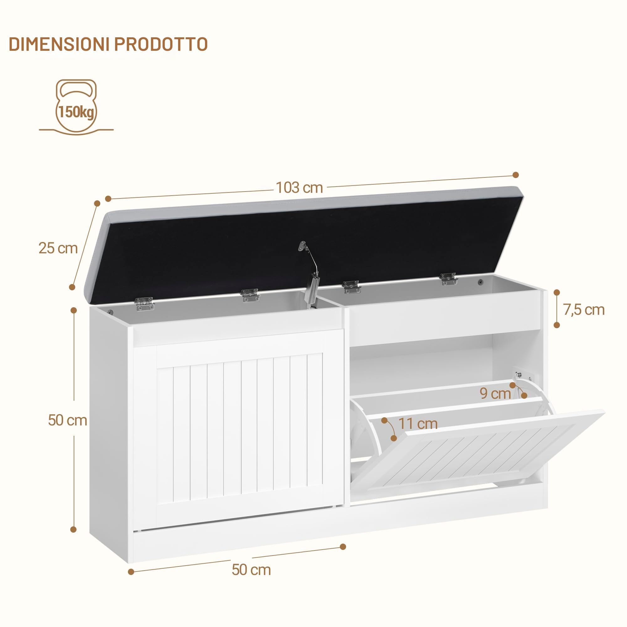 Hzuaneri Panca per scarpe, panca per scarpe con vano portaoggetti, Scarpiera per ingresso con Sedile Imbottito, 25 x 103 x 50 cm, per Corridoio Camera da Letto Soggiorno, Bianco SB26303GY