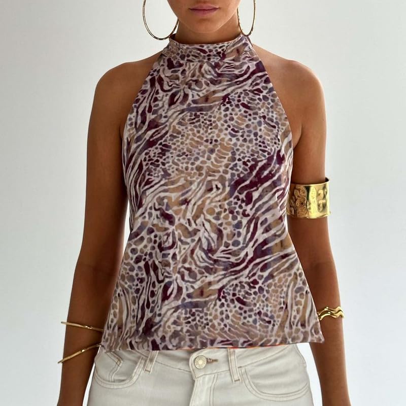 Women Y2k Floral Halter Tank Top Sexy Backless Mock Neck Top Sleeveless Beach Going Out Shirts Aesthetic Vacation Clothes4