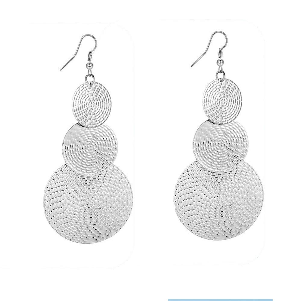 KaFu Lightweight Bohemia Geometric 14K Gold Round Disc Triple Long Earrings Dangle Drop Filigree Carved Statement Earring for Women Girls