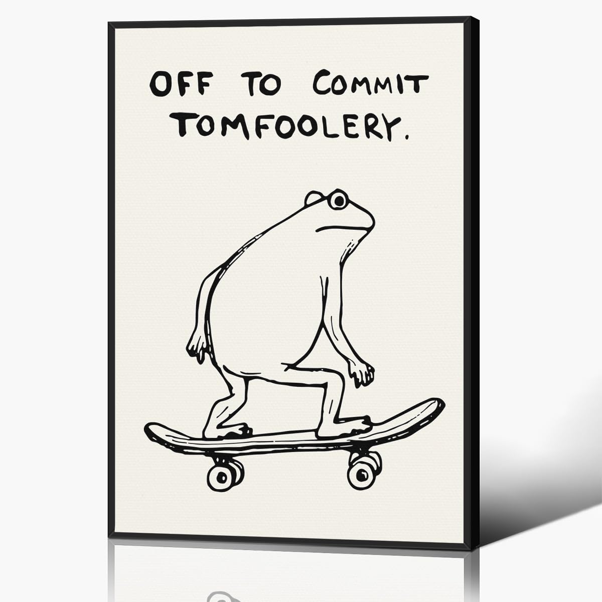 Frog Poster, Funny Quote Off To Commit Tomfoolery Canvas Wall Art, Funky Skateboard Frog Print, Quirk Animal Picture for Kids Room, Beige and Black Minimalist Painting 60x90cm Framed