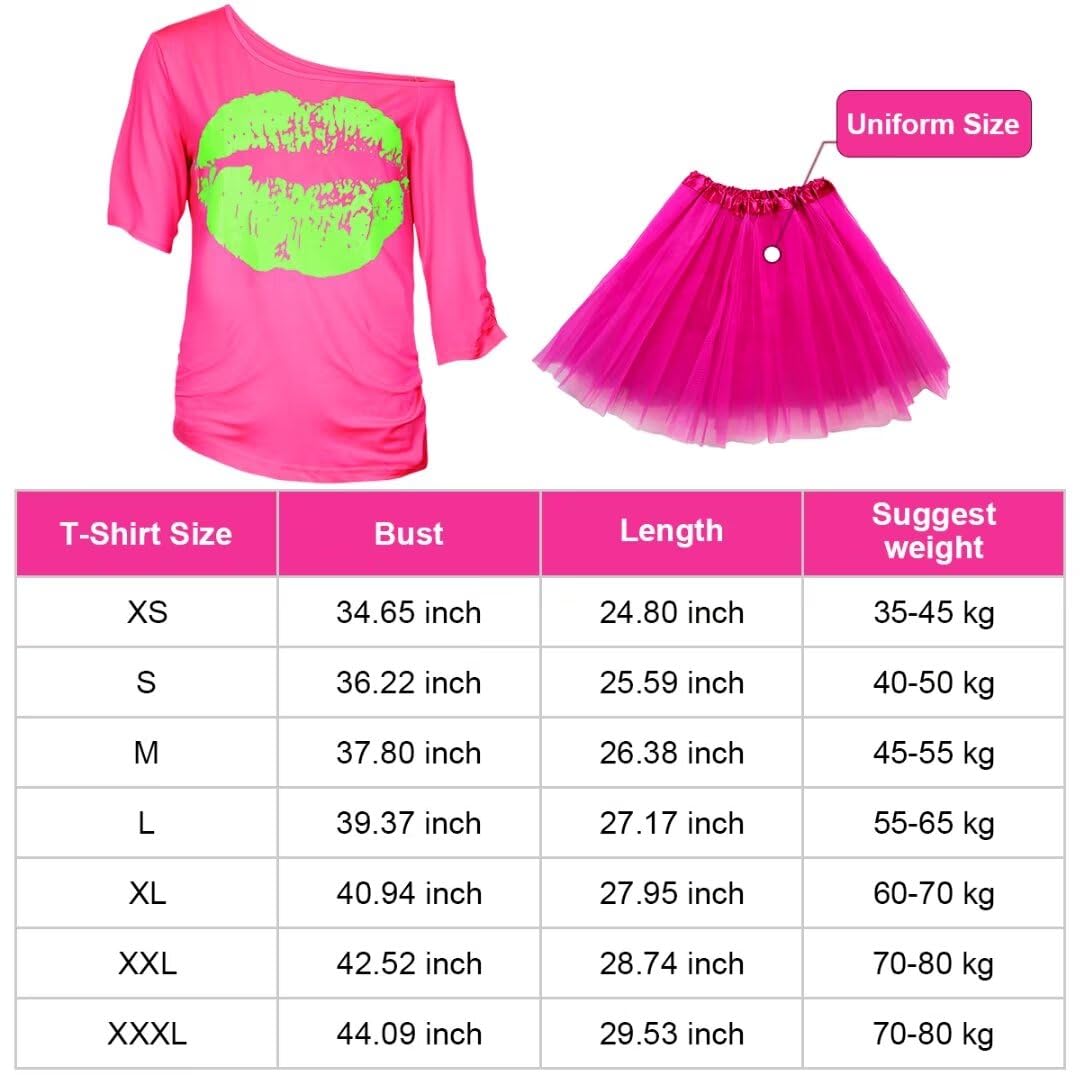 WILDPARTY 80s Fancy Dress For Women, Lip Print T-shirt, Tutu Skirt, Leg Warmers, Necklace, Fishnet Gloves, Earrings, Neon Costumes Accessories for Retro Theme Party Cosplay - Image 2