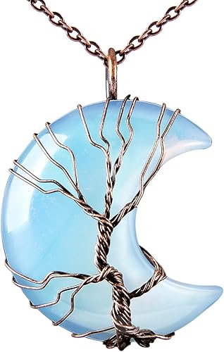 Bivei Life Tree Crescent Moon Necklaces for Women,Copper Wire Wrap Gemstones Pendant Crystals and Natural Stones Necklace Witch Jewellery Christmas