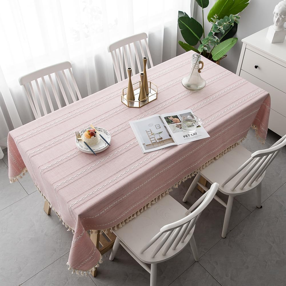 meioro Pink Rustic Table Cloth, Rectangle Textured Cotton Linen Fabric Tablecloth with Tassel, Valentines Farmhouse Table Cover Embroidery Stripe Tablecloths for Kitchen Dinning Party, 55" X 86"