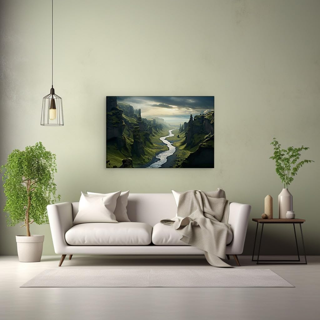 Canvas for Living room. Whispers of the Storm: A Tranquil River's Foreboding Journey Through Lush Valley Walls, 27 x 18 inch Canvas Wall Art - Modern Home Decor