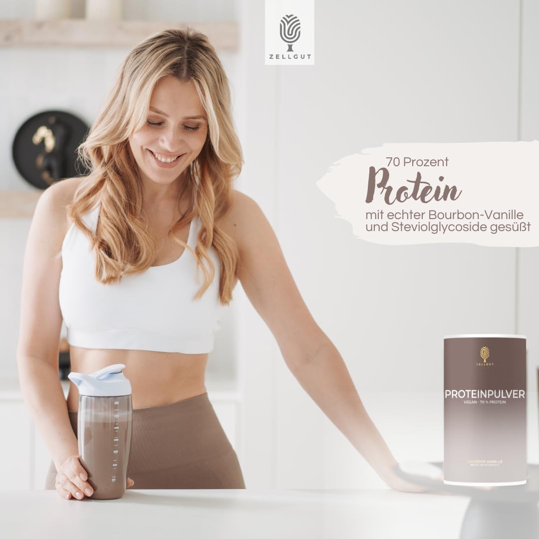 PROTEINPULVER ERDBEER-VANILLE • 70% Protein • 3 pflanzliche Proteinquellen • enthält gesunde Darmbakterien • vegan & glutenfrei • sojafrei
