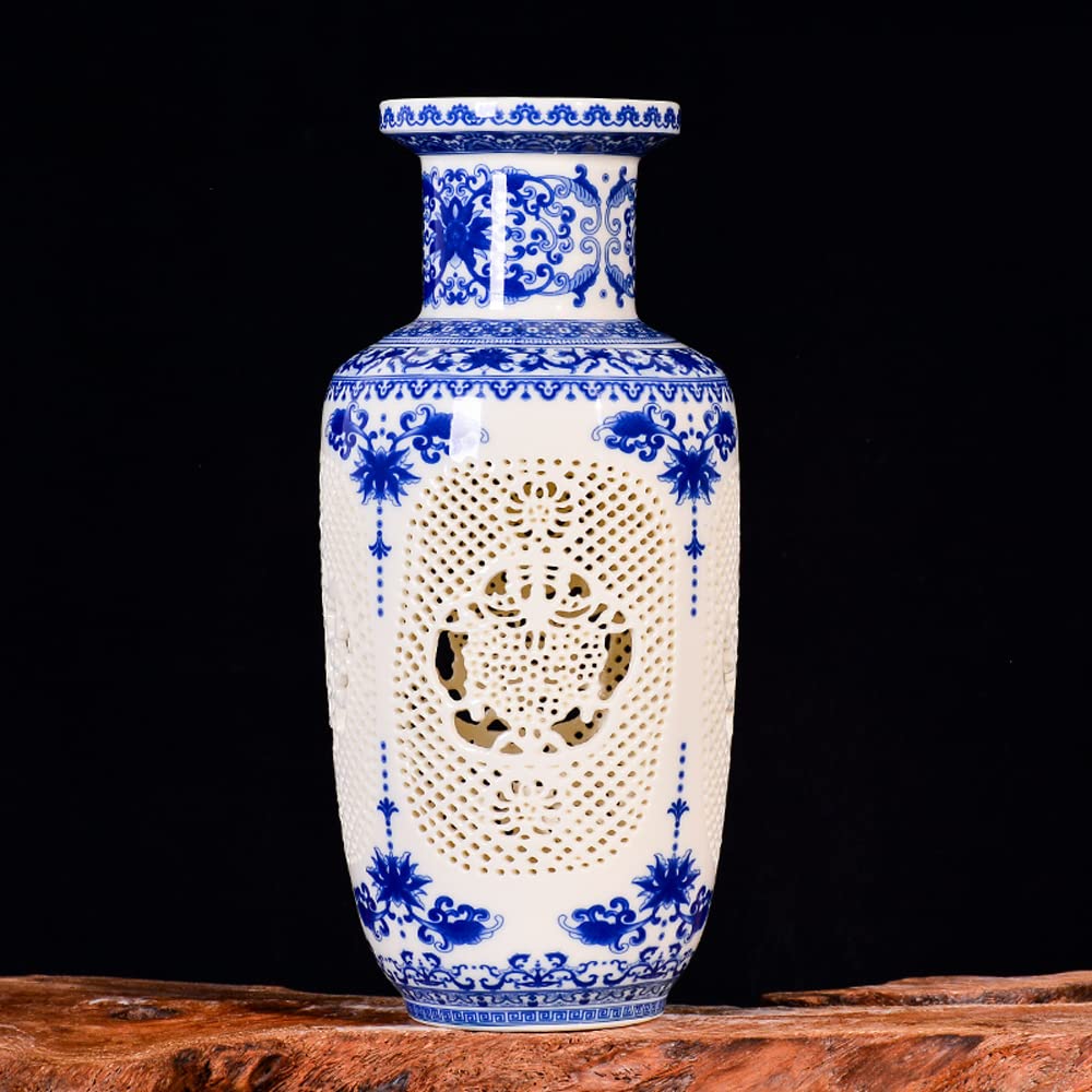 DFGHNBVC Chinoiserie Jingdezhen Porcelain Blue And White Porcelain Hollow Out Vase Flower Arrangement New Chinese Style Sitting Room Porch TV Ark Adornment Places,C