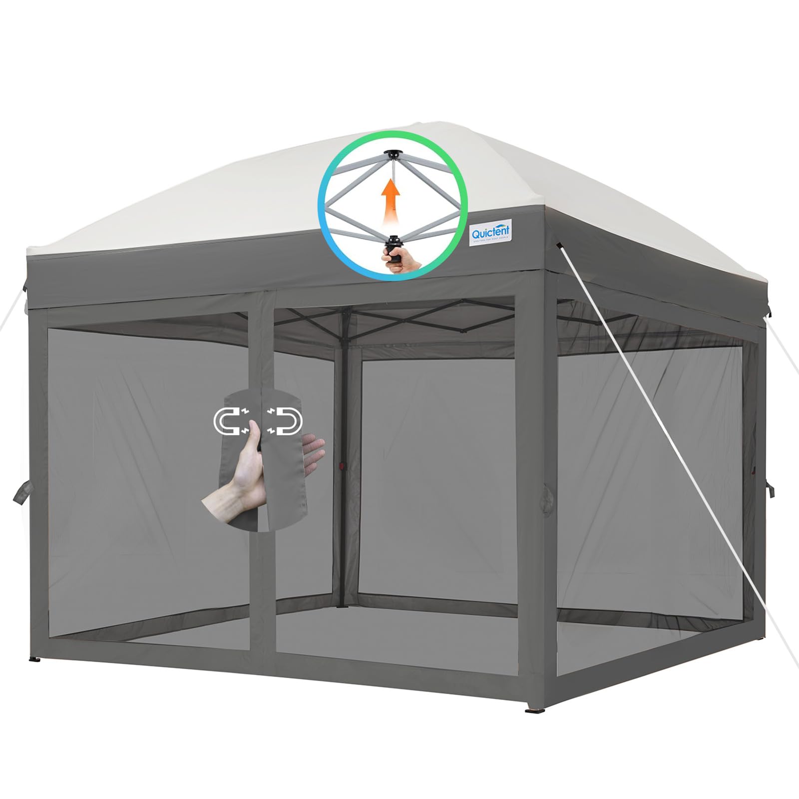 Quictent 10’x10’ Pop up Canopy Tent with Netting, One Person Instant Setup Screen House Room Tent Screened- 2 Magnetic Doors Waterproof (Gray)