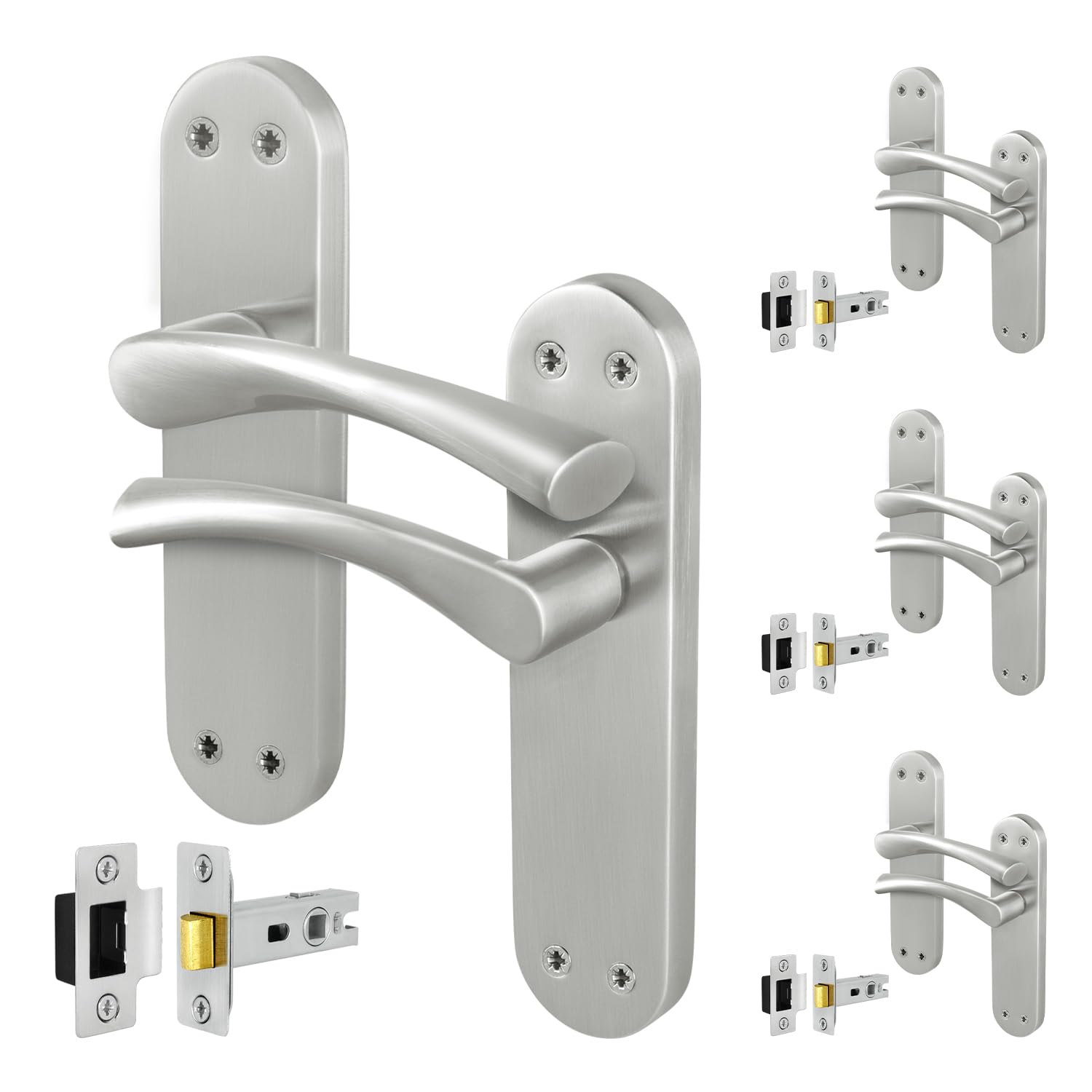 EAI Satin Door Handle Latch Set, 4 Pairs of Satin Nickel Internal Lever T-Bar Handles Backplate Latches 64mm - Novoli