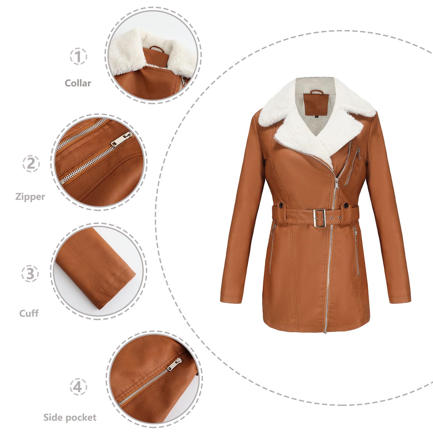 Damen Moto Biker Jacke Aus Kunstleder Langärmlig mit Gürtel Reißverschluss Sherpa-gefütterter Trenchcoat Lässige Oberbekleidung