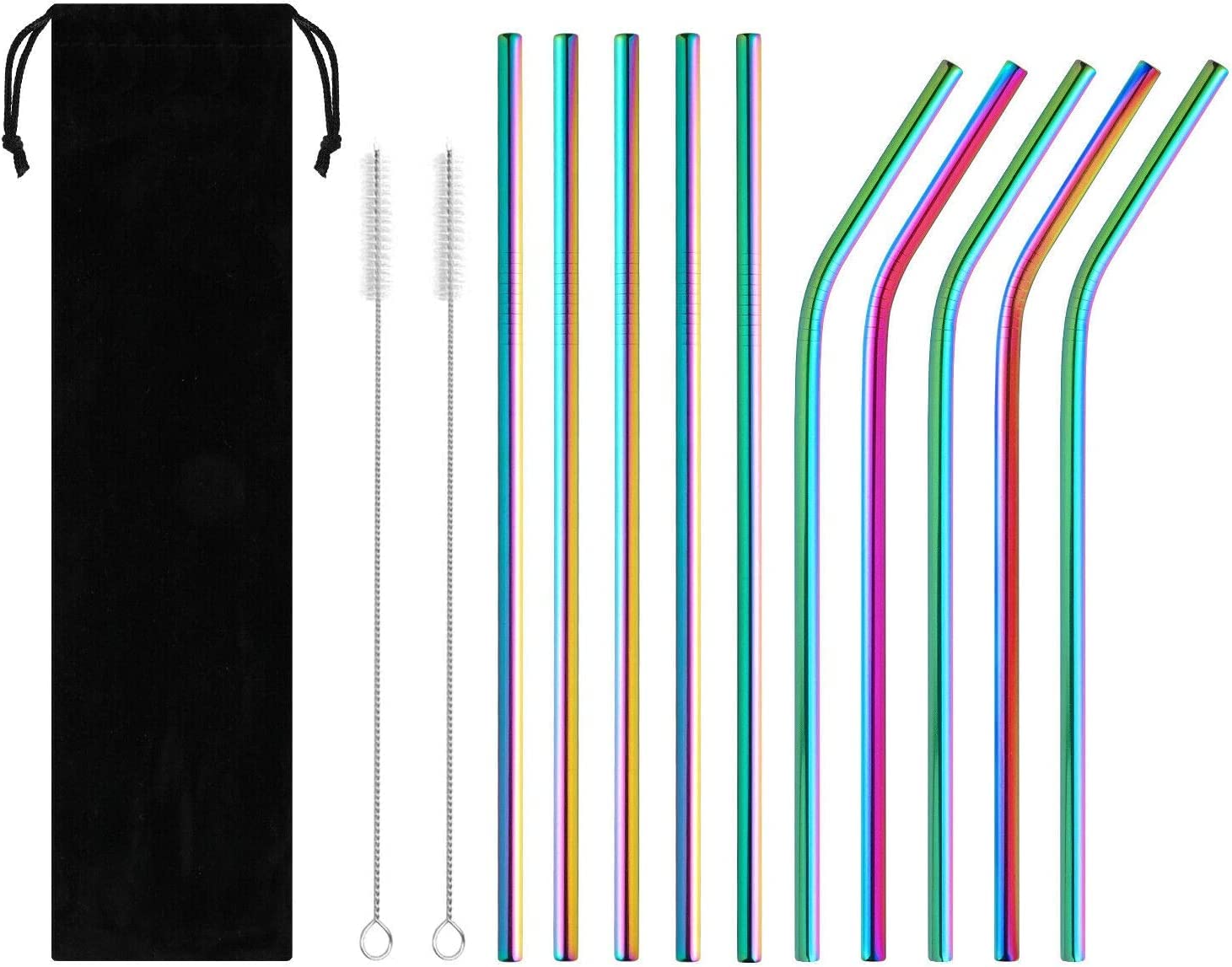 FOFA Stainless Steel Straws 10 Pcs With 2 Cleaning Brushes - Reusable Metal Straws for Eco-Friendly Sipping