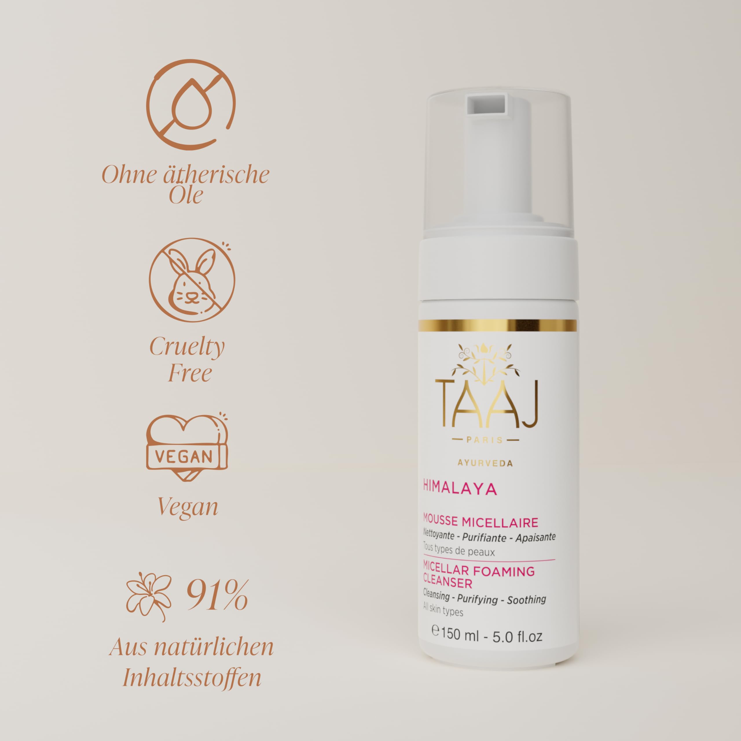 TAAJ Himalaya Mizellenschaum | reinigt, entfernt Make-up & entfernt Unreinheiten | Saubere, weiche & geschmeidige Haut | beruhigende Eigenschaften | Frischer & heller Teint | Vegan & Cruelty Free | 2