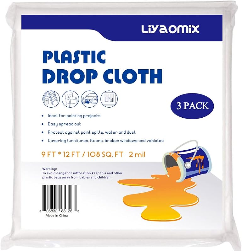 3-Pack 2 Mil Plastic Drop Cloth 9ft x 12ft, Heavy Duty Painters Drop Sheet, Waterproof Plastic Painting Tarp for Painting Renovations - Floor Covering & Dust Cover