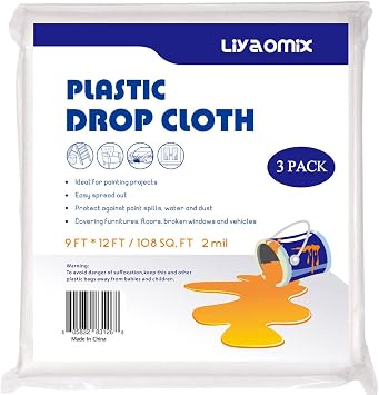 3-Pack 2 Mil Plastic Drop Cloth 9ft x 12ft, Heavy Duty Painters Drop Sheet, Waterproof Plastic Painting Tarp for Painting Renovations - Floor Covering & Dust Cover