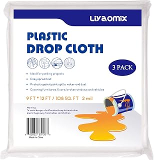 3-Pack 2 Mil Plastic Drop Cloth for Painting 9ft x 12ft, Heavy Duty Plastic Painters Drop Sheet, Waterproof Plastic Painting Tarp for Floor Covering