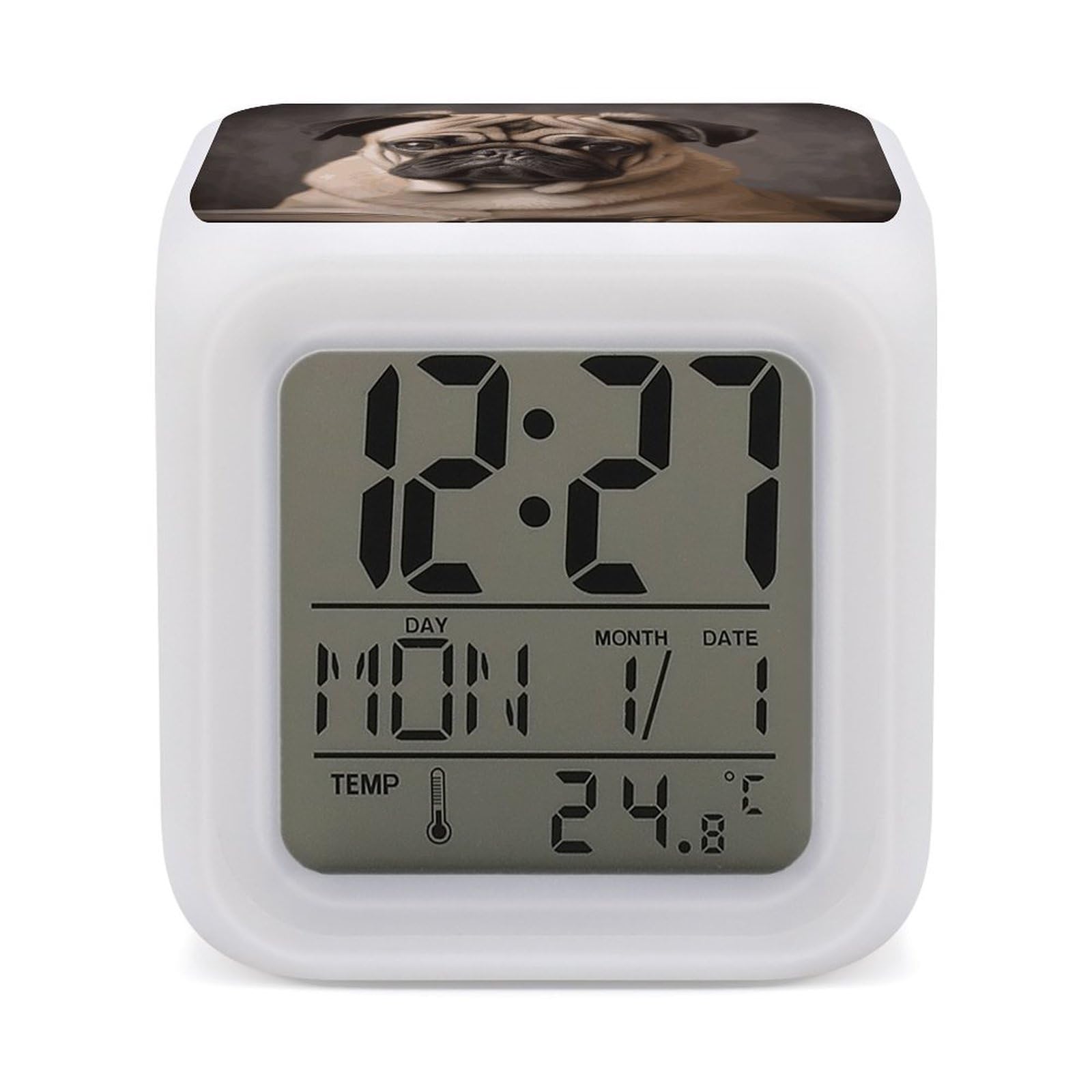 VstaDank Animal Pug Dog Alarm Clock with 7 Color Changing Night Light Date Temp Display Wake Clocks LED Display Digital Clock Electric Desk Clocks for Living Office Bedroom Decor