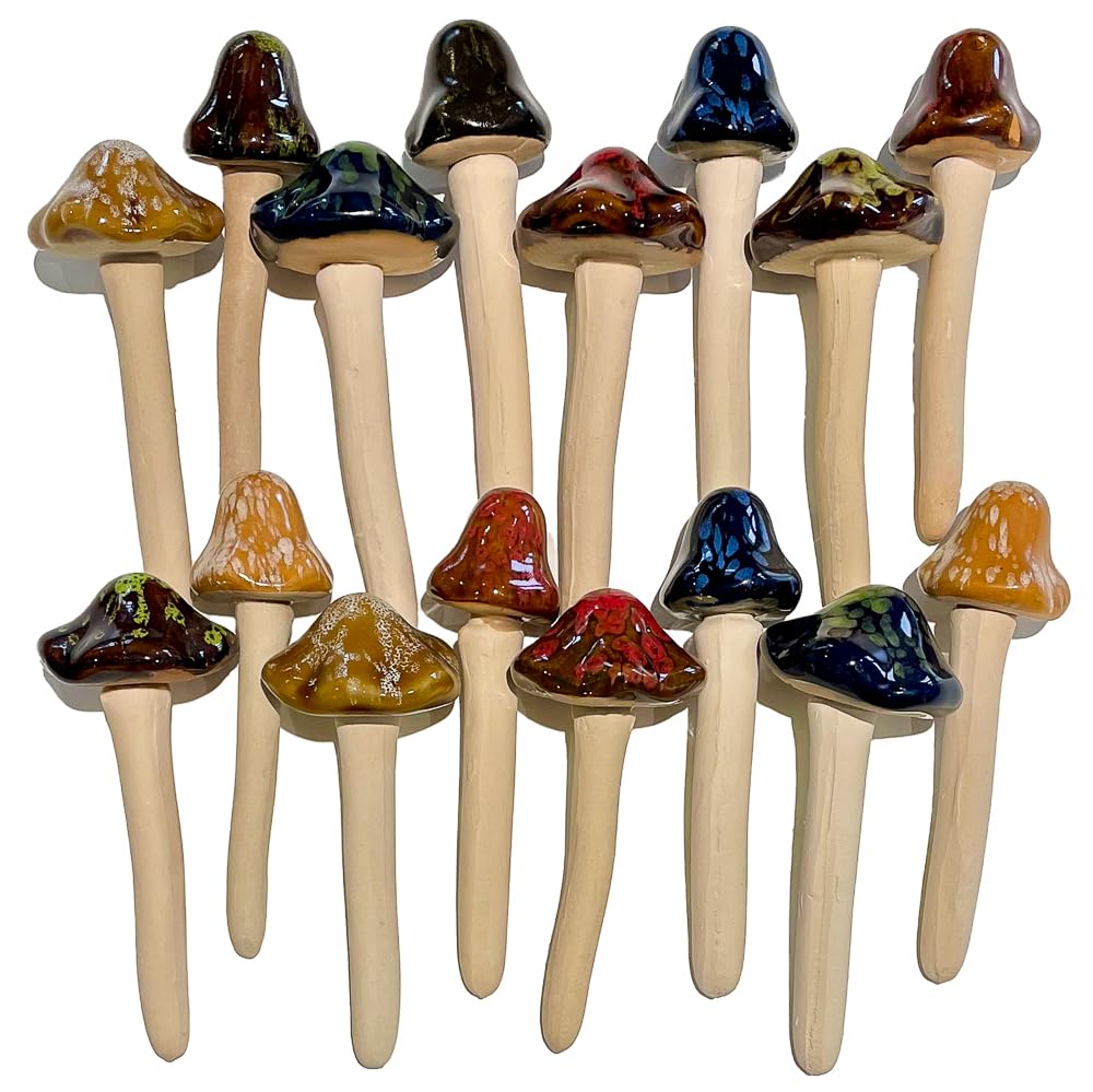 16-Piece Colorful Ceramic Garden Mushrooms - Fairy Garden Toadstool Ornaments for Outdoor Lawn, Potting Shed, and Flowerpot Decor