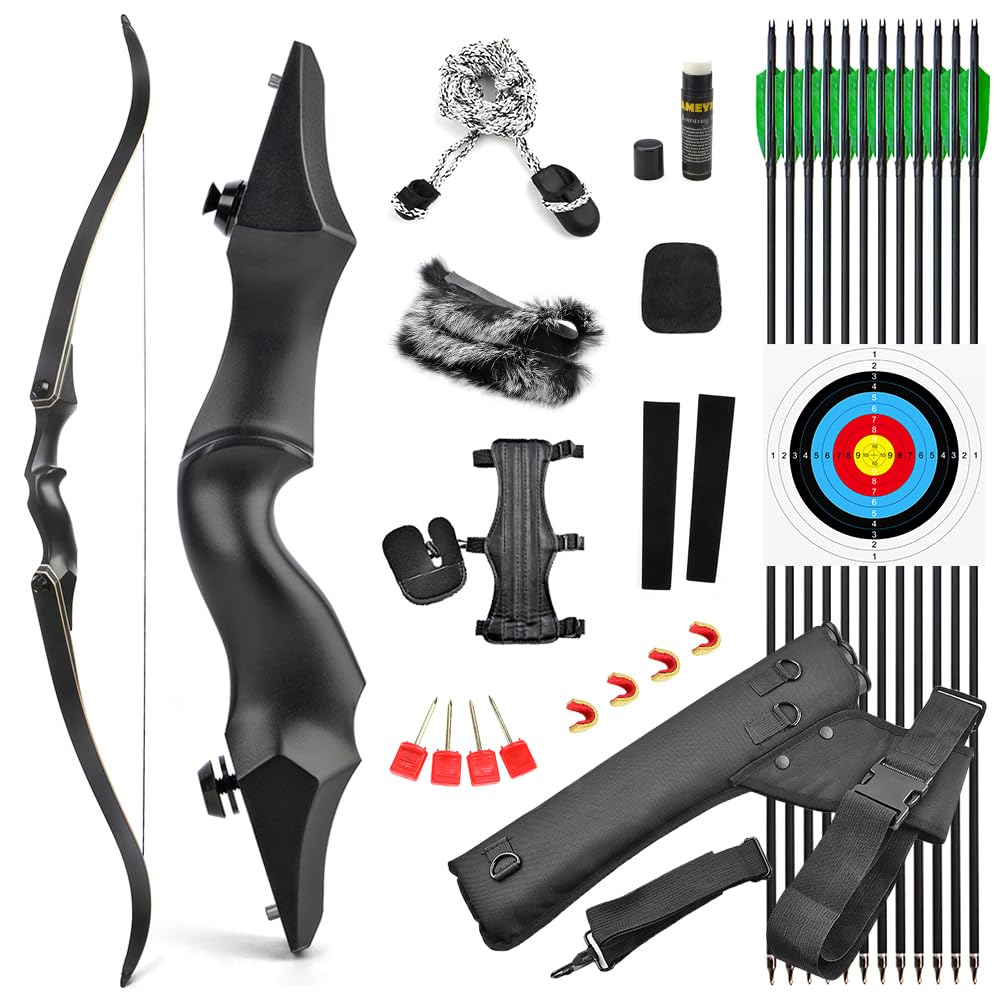SHARROW Archery Takedown Recurve Bow and Arrows Set Adult Traditional Hunting Bow 58" 60" Longbow 25-65lbs for Right Hand Outdoor Shooting (40lbs, Black Set/58 inch)