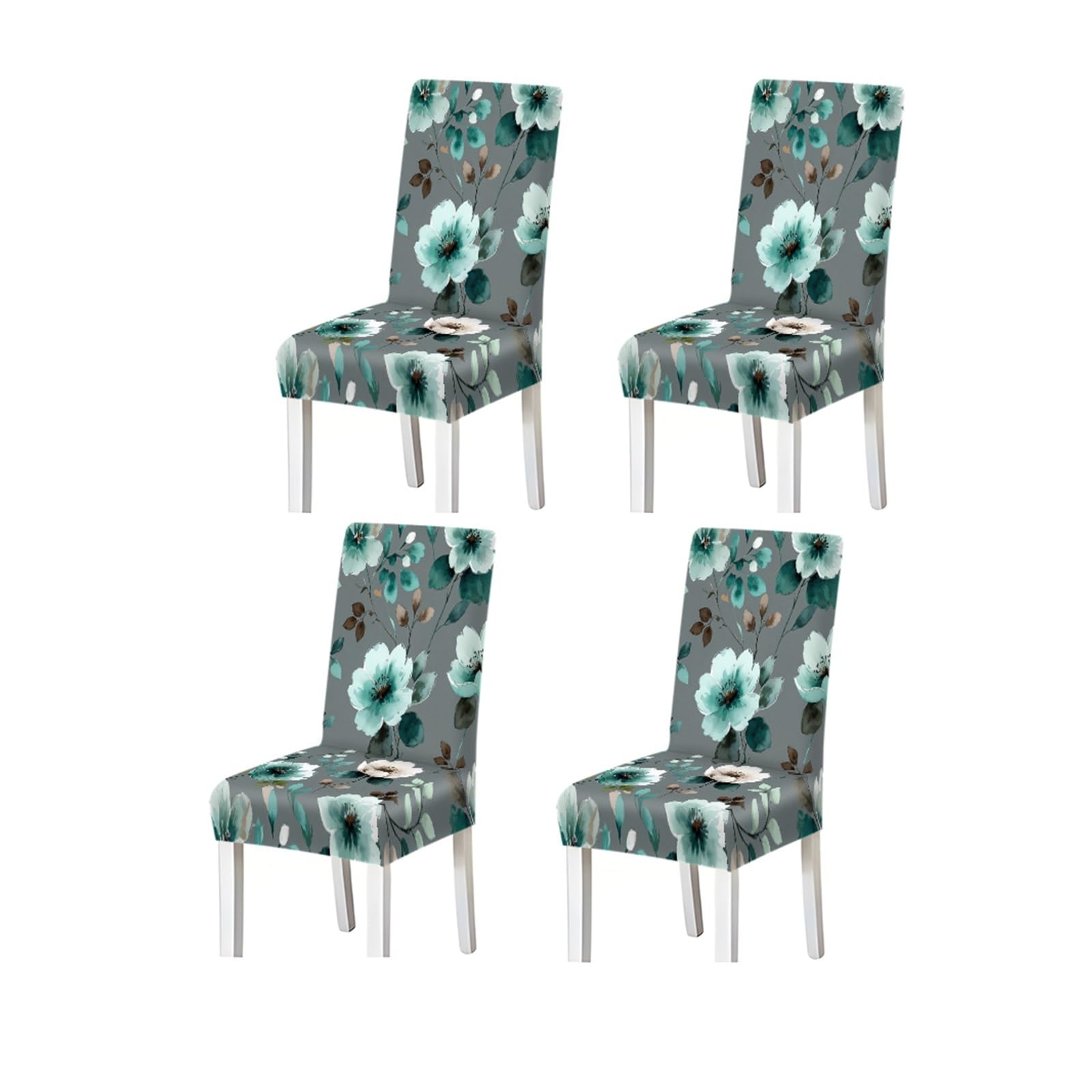 Bosuybn One Color Watercolor Teal Floral Gray Background Pattern Print Dining Chair Covers Set Of 2/4/6, Stretch Slipcovers For Kitchen Dining Room Furniture Protectors For Home Dining Room(4Pcschair Cover)